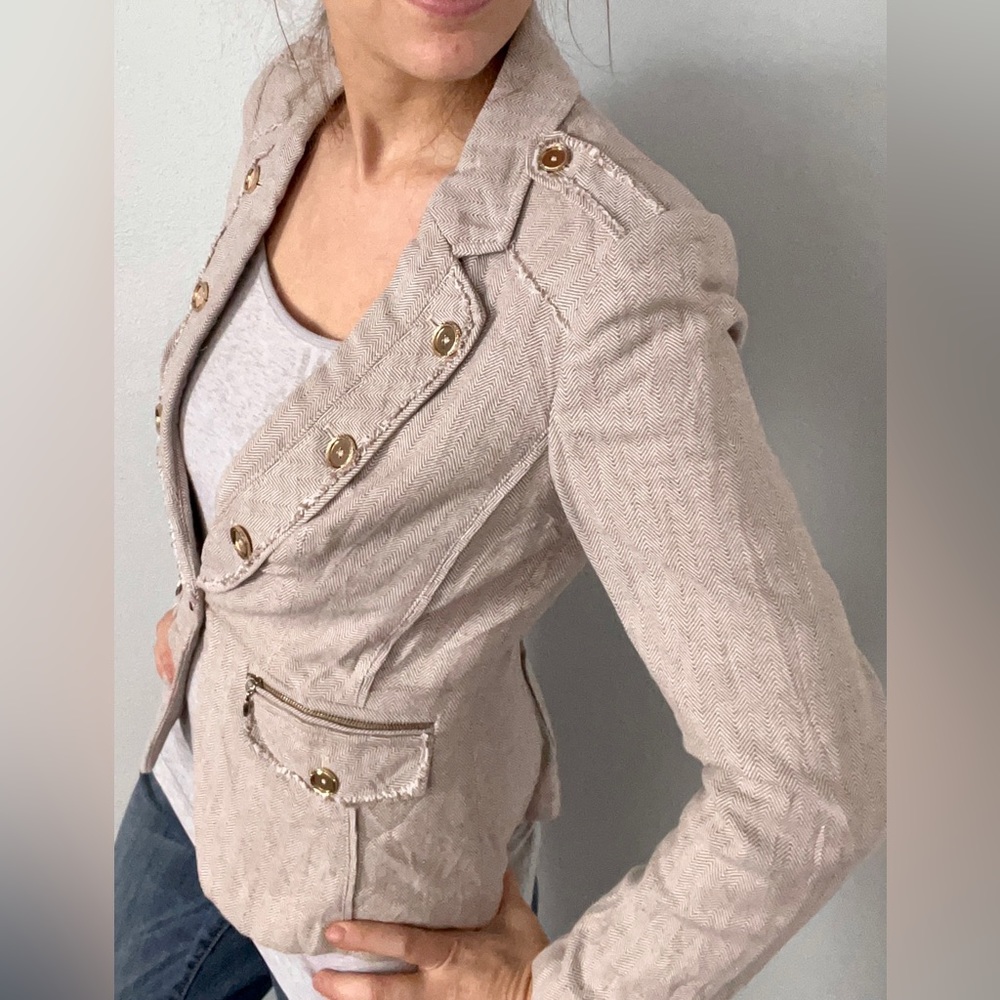 White House Black Market Cotton Linen Blend Blazer Jacket with Rose Gold Buttons